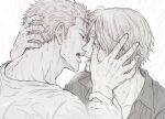  2boys adam's_apple collared_shirt curly_eyebrows doro_9_9 facial_hair from_side goatee hand_on_another's_face hand_on_another's_head looking_at_another male_focus multiple_boys one_piece open_collar open_mouth rain roronoa_zoro sanji_(one_piece) shirt short_hair short_sideburns sideburns t-shirt teeth upper_body very_short_hair water_drop wet wet_clothes wet_hair white_background wing_collar yaoi 