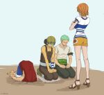  1girl 3boys absurdres ass bare_legs black_hair blue_shorts brown_overalls brown_sandals commentary crossed_arms crying cushion english_commentary full_body goggles goggles_on_headwear green_hair haramaki high_heel_sandals high_heels highres in_trouble_template_(meme) kneeling kneepits legs long_nose meme miniskirt monkey_d._luffy multiple_boys nami_(one_piece) one_piece orange_hair overalls red_vest roronoa_zoro sandals seiza shirt short_hair short_sleeves shorts shoulder_tattoo sitting skirt sleeping standing straw_hat_pirates streaming_tears tattoo tears through_ground usopp vest white_shirt xixidreams yellow_skirt zabuton zzz 