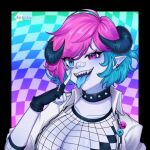  1girl adiastraya_(artist) bandaid bandaid_on_face bandaid_on_nose black_gloves blue_eyes blue_hair blue_tongue breasts checkered_background cleavage collar colored_skin colored_tongue commentary demon_girl demon_horns english_commentary eyeshadow fingerless_gloves fishnet_top fishnets fream_(vtuber) gloves grey_skin heterochromia highres horns indie_virtual_youtuber jacket large_breasts looking_at_viewer makeup multicolored_hair pink_eyes pink_hair pointy_ears sharp_teeth short_hair solo spiked_collar spikes teeth virtual_youtuber white_jacket 