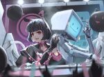 1girl 1other adjusting_clothes animal_ear_headphones animal_ears asakura_neko audience black_gloves black_hair black_jacket black_shirt cat_ear_headphones cat_ears commentary_request cytus cytus_ii dj fake_animal_ears fang fingerless_gloves gloves glowstick headphones highres humanoid_robot jacket joints meowbot mixing_console monitor_head pink_eyes pink_trim print_shirt robo_head_(cytus) robot robot_joints shirt smile stage stage_lights sticker trove 