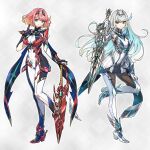 2girls aegis_sword_(xenoblade) blue_hair breasts chest_jewel commentary_request covered_navel earrings full_body gradient_hair grey_hair headpiece highres holding holding_sword holding_weapon jewelry large_breasts long_hair multicolored_hair multiple_girls mythra_(switch_2)_(xenoblade) mythra_(xenoblade) official_alternate_color official_alternate_costume official_alternate_hair_color official_art orange_hair pink_hair pyra_(switch_2)_(xenoblade) pyra_(xenoblade) red_hair saitou_masatsugu shoes short_hair skindentation swept_bangs sword tiara two-tone_hair very_long_hair weapon xenoblade_chronicles_(series) xenoblade_chronicles_2 