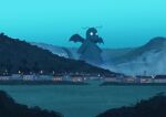  absurdres antennae blue_theme building cloud commentary dragonite english_commentary field gabrielkyuart glowing glowing_eyes grass highres house outdoors pokemon pokemon_(anime) pokemon_(classic_anime) pokemon_(creature) pokemon_focus power_lines tree utility_pole window wings 
