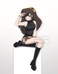  1girl ;) absurdres armlet bare_shoulders black_boots blue_eyes boots brown_hair brown_skirt closed_mouth commission commissioner_upload cosplay earrings english_commentary full_body hand_up highres jewelry kuonji_ukyou long_hair looking_at_viewer lum lum_(cosplay) official_style one_eye_closed plaid_clothes plaid_skirt ranma_1/2 sitting skirt sleeveless sleeveless_turtleneck smile solo split_mouth tachitach turtleneck 