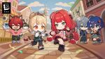  2boys 3girls alice_thymefield animal_ear_fluff animal_ears animal_on_back bangboo_(zenless_zone_zero) belle_(zenless_zone_zero) black_hair black_shirt blonde_hair blue_hair blue_sky braid braided_twintails cardigan chest_bow chibi cloud cloudy_sky colored_bangs commentary copyright_logo day dog_boy dog_ears english_commentary eous_(zenless_zone_zero) green_eyes grey_hair hair_between_eyes hair_ornament heterochromia highres jacket kamanosuke_(zenless_zone_zero) komano_manato logo long_hair long_sleeves miss_esme_(zenless_zone_zero) multicolored_hair multiple_boys multiple_girls official_art open_mouth outdoors pantyhose pink_cardigan pink_shirt rabbit_ears rabbit_girl raccoon red_eyes red_hair shirt short_hair sky smile sphere_hair_ornament tail tanuki thigh_strap twin_braids twintails ukinami_yuzuha very_long_hair white_shirt wise_(zenless_zone_zero) yellow_eyes zenless_zone_zero 