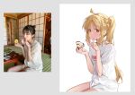  1girl absurdres ahoge blonde_hair bocchi_the_rock! breasts brown_eyes cake commentary_request food highres ijichi_nijika ke'ai_qu_qu long_hair long_shirt looking_at_viewer photo-referenced shirt side_ponytail small_breasts solo white_shirt 