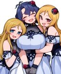  3girls ^_^ antenna_hair black_gloves blonde_hair blue_hair blush breasts closed_eyes commentary_request dress flower gloves grey_dress hair_flower hair_ornament hug idolmaster idolmaster_million_live! idolmaster_million_live!_theater_days korean_commentary kwaejina lace lace_gloves large_breasts long_hair looking_at_viewer momose_rio morpho_paresia_(idolmaster) multiple_girls official_alternate_costume shinomiya_karen short_hair simple_background smile straight_hair toyokawa_fuka white_background 