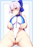  1girl ass_visible_through_thighs bangs blue_bow blue_swimsuit blush bow breasts closed_mouth covered_nipples crotch fate/grand_order fate_(series) hair_between_eyes hair_bow highleg highleg_swimsuit highres large_breasts long_hair looking_at_viewer one-piece_swimsuit ponytail red_eyes signal_dead silver_hair swimsuit thighs tomoe_gozen_(fate/grand_order) tomoe_gozen_(swimsuit_saber)_(fate) two-tone_swimsuit wedgie white_swimsuit 