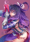  1girl 2014 ao_no_kiseki arm_cutout arm_guards breasts chinese_clothes chinese_commentary clothing_cutout commentary_request cross-laced_clothes cross-laced_cutout cross-laced_dress dated dress eiyuu_densetsu floating_hair gauntlets hair_between_eyes hair_ribbon hair_rings holding holding_ofuda holding_sword holding_weapon large_breasts long_hair looking_at_viewer ofuda parted_lips pelvic_curtain pink_background purple_dress purple_eyes purple_hair qipao ribbon rixia_mao shaded_face side_cutout signature simple_background single_gauntlet single_hair_ring solo sword umi111 upper_body weapon white_ribbon zero_no_kiseki 