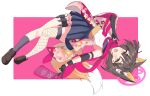  1girl absurdres animal_ear_fluff animal_ears black_gloves black_hair black_socks blue_archive blue_sailor_collar blue_skirt blush brown_shoes commentary fishnet_thighhighs fishnets floral_print floral_print_kimono fox_ears fox_girl fox_tail gloves halo highres holster izuna_(blue_archive) japanese_clothes kimono kneehighs kunai mili_mli neckerchief open_mouth partially_fingerless_gloves pink_kimono pink_neckerchief pink_scarf pleated_skirt print_kimono sailor_collar scarf shirt shoes single_kneehigh single_sock single_thighhigh skirt socks tail thigh_holster thighhighs weapon white_shirt yellow_eyes 