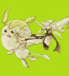  1girl animal_ears barefoot clenched_hands commentary_request creature flying_kick fox_ears fox_girl full_body green_background hair_bobbles hair_ornament highres japanese_clothes kicking kimono long_hair oisiiidoo open_mouth simple_background solo touhoku_itako utau very_long_hair voiceroid white_hair white_kimono zundamon zundamon_(utau) 