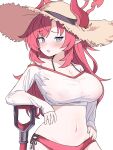  1girl bikini blue_archive blue_eyes blush breasts commentary_request cropped_shirt demon_girl demon_horns halo hat highres horns horns_through_headwear large_breasts long_hair long_sleeves megu_(blue_archive) megu_(swimsuit)_(blue_archive) navel off-shoulder_shirt off_shoulder official_alternate_costume official_alternate_hairstyle open_mouth partial_commentary pointy_ears red_bikini red_hair red_halo shirt shovel solo stomach straw_hat sun_hat swimsuit tachikaze_miyako white_shirt 