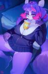  1girl animal_ears artist_name bed bedroom body_fur breasts chromatic_aberration claws cleavage clock commentary_request cup digital_clock disposable_cup drinking drinking_straw eyelashes fewer_digits hair_intakes half-closed_eyes highres indoors inuki_(aruurara) jacket large_breasts light_particles low_twintails multicolored_hair naked_jacket object_on_breast original pillow pink_eyes pink_hair purple_fur purple_hair raccoon_ears raccoon_girl raccoon_tail reclining solo tail twintails two-tone_hair 