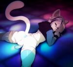 anthro anus arm_tattoo balls blonde_hair blue_eyes butt clothed clothing cuff_(restraint) doxy felid femboy foreskin fur genitals grey_stripes hair humanoid_genitalia humanoid_penis jacket legwear link_(linklynx) linklynx lying male mammal markings multicolored_hair nose_stripe nose_stripes pantherine penis penis_backwards restraints solo stockings striped_body striped_fur striped_markings stripes tail tattoo tiger topwear white_body white_fur wrist_cuffs