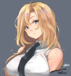  1girl akicosmossakasa black_neckwear blonde_hair breasts commentary_request dress_shirt grey_background grey_eyes highres hornet_(kantai_collection) kantai_collection large_breasts long_hair looking_at_viewer necktie shirt simple_background sleeveless sleeveless_shirt solo white_shirt 