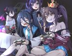  4girls aqua_necktie aris_(blue_archive) black_hair black_jacket black_ribbon black_skirt black_tank_top blue_archive blue_eyes blue_hair blue_shorts blue_vest breasts cleavage closed_eyes commentary_request controller crossover double_strap_slip elf fang game_controller grin hair_ribbon halo holding holding_controller holding_game_controller indian_style jacket jersey kei_(orange_robot)_(blue_archive) korean_commentary large_breasts leets_(trickcal) multicolored_hair multiple_girls necktie open_clothes open_jacket paper_crown playing_games playing_video_games pleated_skirt pointy_ears red_eyes red_hair red_jersey ribbon risty_(trickcal) shirt shorts side_ponytail sitting skirt smile solid_oval_eyes strap_slip streaked_hair striped_clothes striped_shorts tank_top trait_connection trickcal vertical-striped_clothes vertical-striped_shorts vest white_shirt xion_(trickcal) yume_no_hana_(sbac0019) 