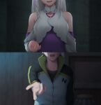  1boy 1girl absurdres commentary cropped_head emilia_(re:zero) eyes_out_of_frame head_out_of_frame highres long_hair mark_renz_purio natsuki_subaru official_alternate_costume open_mouth re:zero_kara_hajimeru_isekai_seikatsu reaching reaching_towards_viewer short_hair signature split_screen track_suit white_hair 
