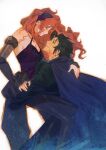  1boy 1girl arm_around_another's_waist arm_around_neck armor bare_shoulders black_hair black_hairband black_pantyhose black_shirt black_sleeves blue_cloak breasts cissnei cleavage cloak closed_eyes commentary couple cross_scar detached_sleeves dress final_fantasy final_fantasy_vii final_fantasy_vii_rebirth final_fantasy_vii_remake hair_slicked_back hairband hetero highres long_hair looking_at_another medium_breasts pantyhose parted_lips purple_dress red_hair scar scar_on_cheek scar_on_face shirt shoulder_armor sideboob sleeveless sleeveless_dress smile untranslatable_commentary wavy_hair white_background zack_fair zakushisu 