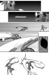 2026 absurd_res ambiguous_feral ambiguous_gender anthro arthropod biped black_sclera breasts bunny_costume clothed clothed_feral clothing comic costume cuchuflin digital_drawing_(artwork) digital_media_(artwork) duo english_text featureless_breasts female female_anthro feral fight generation_4_pokemon generation_5_pokemon greyscale hi_res kick lopunny male_(lore) monochrome myriapod nintendo pokemon pokemon_(species) punch quadruped scolipede text wounded yelling