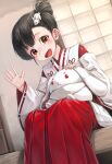  1girl :d absurdres black_hair brown_eyes commentary_request hair_bun hakama hakama_skirt hand_up highres hold111 idolmaster idolmaster_million_live! japanese_clothes kimono korean_commentary long_sleeves looking_at_viewer nakatani_iku official_alternate_hairstyle open_mouth red_skirt ribbon-trimmed_sleeves ribbon_trim short_hair single_side_bun sitting skirt smile solo white_kimono 