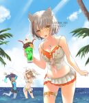  3girls animal_ear_fluff animal_ears artist_name bikini bikini_skirt blue_hair blue_sky breasts brown_hair cat_ears cat_girl chest_jewel commentary_request drink eunie_(xenoblade) fiery_hair grey_hair highres holding holding_drink looking_at_viewer medium_hair mio_(xenoblade) multiple_girls navel open_mouth pleated_skirt sarong sena_(xenoblade) short_hair side_ponytail skirt sky small_breasts smile solo_focus swimsuit teeth thigh_strap upper_teeth_only usakumapo_nano wading water watermark white_bikini white_sarong xenoblade_chronicles_(series) xenoblade_chronicles_3 yellow_eyes 