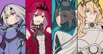  4girls armor ascot baobhan_sith_(fate) baobhan_sith_(first_ascension)_(fate) bare_shoulders barghest_(fate) barghest_(first_ascension)_(fate) black_ribbon black_tiara black_veil blonde_hair blue_background blue_eyes braid breastplate center_frills closed_mouth column_lineup commentary crossed_bangs crown detached_collar detached_sleeves dress earrings fate/grand_order fate_(series) frills grey_ascot grey_eyes grey_hair hair_between_eyes hair_ornament hairclip half_up_braid heterochromia highres horns jewelry long_hair looking_at_viewer melusine_(fate) melusine_(first_ascension)_(fate) morgan_le_fay_(fate) morgan_le_fay_(queen_of_winter)_(fate) multiple_girls neck_ribbon open_mouth orange_eyes pointy_ears ponytail purple_background red_background red_dress red_hair ribbon simple_background sleeveless sleeveless_dress smile stole thdtjddus2810 tiara upper_body veil yellow_background yellow_eyes 