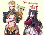  1boy 1girl armor black_ribbon blue_eyes blush brown_hair chain chimera_(honkai:_star_rail) chinese_commentary commentary_request copyright_name cowboy_shot creature creature_on_shoulder crossed_arms curtained_hair earrings enkidu_(fate) enkidu_(weapon)_(fate) fate/stay_night fate/unlimited_blade_works fate_(series) gilgamesh_(fate) gilgamesh_(honkai:_star_rail)_(fate) hair_ribbon highres holy_grail_(fate) honkai:_star_rail honkai_(series) jewelry navel on_shoulder one_eye_closed pauldrons red_eyes ribbon rin's_pendant_(fate) ringorilla shoulder_armor single_pauldron skirt sweatdrop tohsaka_rin tohsaka_rin_(honkai:_star_rail) white_skirt 