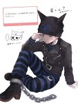  1boy arm_support beanie black_hat black_jacket blush_stickers boots brown_hair candy_stick collared_jacket commentary_request danganronpa_(series) danganronpa_v3:_killing_harmony fake_horns hair_between_eyes half-closed_eyes hat highres horned_hat horned_headwear horns hoshi_ryoma jacket leather leather_jacket long_sleeves looking_at_viewer male_focus marshmallow_(site) mo_no960 pants request_inset ringed_eyes short_hair short_male simple_background single_ankle_cuff sitting solo striped_clothes striped_pants translation_request two-tone_pants white_background 