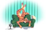 anthro blue_eyes brown_hair butt digital_media_(artwork) fan_(object) feet felid female fingers fur furniture hair half-closed_eyes heat_(temperature) hi_res looking_at_viewer mammal narrowed_eyes nude pantherine pawpads simple_background sofa solo stripes synn_(synnfultiger) synnfultiger tail tiger toes upside_down
