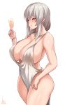  1girl absurdres azur_lane backless_dress backless_outfit bangs bare_shoulders blush bracelet breasts champagne_flute cleavage closed_eyes cup dress drinking_glass evening_gown grey_dress hair_between_eyes hair_over_shoulder halter_dress highres holding holding_cup jewelry jmg large_breasts long_hair necklace plunging_neckline revealing_clothes sidelocks signature silver_dress silver_hair smile st._louis_(luxurious_wheels)_(azur_lane) thighs uzaki-chan_wa_asobitai! uzaki_tsuki white_background 