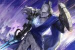  1boy absurdres alleikhreos_(arknights) arknights arknights:_endfield arm_armor arm_shield armor black_armor blue_sash closed_mouth colored_skin commentary_request covering_own_eyes cracked_skin fighting_stance floating_hair greco-roman_clothes highres holding holding_sword holding_weapon male_focus medium_hair metal_skin nose sash shield shoulder_armor solo statue sword weapon white_hair white_skin yitai_zhi_meng 