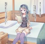  1girl alternate_costume bedroom black_camisole camisole commentary_request cup curtains feet_out_of_frame grey_hair hair_over_shoulder hairband jacket kantai_collection kujiramaru long_hair paper purple_eyes purple_hairband purple_thighhighs reading sagiri_(kancolle) second-party_source shorts solo table teacup thighhighs translation_request yellow_jacket yellow_shorts 