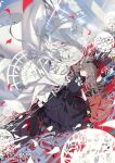  2girls artist_name black_dress blue_eyes blurry brown_hair closed_mouth copyright_notice depth_of_field dress eshi_100_nin_ten flower frilled_dress frills hair_between_eyes holding holding_flower kotarou_(kot_mochi) long_hair multiple_girls original pale_skin petals red_eyes red_flower red_petals rose rose_petals smile translation_request white_dress white_hair 