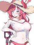  1girl bikini blue_archive blue_eyes blush breasts commentary_request cropped_shirt demon_girl demon_horns halo hat highres horns horns_through_headwear large_breasts long_hair long_sleeves megu_(blue_archive) megu_(swimsuit)_(blue_archive) navel off-shoulder_shirt off_shoulder official_alternate_costume official_alternate_hairstyle open_mouth partial_commentary pointy_ears red_bikini red_hair red_halo shirt shovel solo stomach straw_hat sun_hat swimsuit tachikaze_miyako white_shirt 