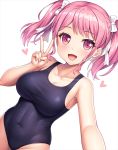 1girl bang_dream! blue_swimsuit breasts collarbone commentary covered_navel cowboy_shot eyebrows_visible_through_hair fingernails heart lambda_(kusowarota) large_breasts long_hair looking_at_viewer maruyama_aya new_school_swimsuit open_mouth pink_eyes pink_hair school_swimsuit self_shot simple_background skin_tight solo swimsuit twintails v white_background 