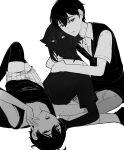  3boys antenna_hair closed_mouth collarbone collared_shirt commentary double-parted_bangs dual_persona greyscale hair_between_eyes highres looking_at_viewer maisani male_focus monochrome multiple_boys omori omori_(omori) open_mouth shirt short_hair short_sleeves shorts sidelocks socks stranger_(omori) striped_clothes striped_shorts sunny_(omori) sweater_vest tank_top thighhighs vertical-striped_clothes vertical-striped_shorts 