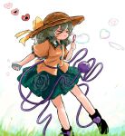  >_< 1girl black_boots blowing_bubbles boots bow brown_hat bubble bubble_wand buttons collared_shirt commentary_request crossed_bandaids diamond_button disembodied_linked_eye eyeball floral_print frilled_shirt_collar frills grass green_hair green_skirt hair_between_eyes hat hat_bow heart heripantomorrow holding komeiji_koishi long_hair print_skirt rose_print shirt short_sleeves skirt solo touhou wide_sleeves yellow_bow yellow_shirt 