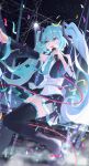  1girl absurdres aki_maple audience bare_shoulders black_boots black_skirt blue_eyes blue_hair blue_necktie boots chinese_commentary commentary confetti detached_sleeves foot_out_of_frame hair_between_eyes hatsune_miku headset highres holding holding_microphone long_hair microphone necktie open_mouth shirt skirt sleeveless sleeveless_shirt solo stage stage_lights standing standing_on_one_leg thigh_boots twintails very_long_hair vocaloid white_shirt 