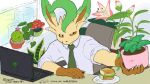 accessory anthro bite_taken building burger cactus chair clothed clothing collared_shirt commissioner_name computer dahecksajerry desk dress_shirt eeveelution electronics elemental_creature english_text flora_fauna food fully_clothed fur furniture generation_1_pokemon generation_4_pokemon gracidea_flower inside laptop leaf leaf_hair leafeon long_ears male necktie nintendo offering_to_viewer office office_chair on_chair patreon_username plant plant_hair plant_pot pokemon pokemon_(species) potted_plant pseudo_hair rolled_up_sleeves shirt sitting sitting_on_chair smiley_face solo table tan_body tan_fur text topwear vileplume window