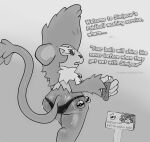anthro big_butt bodily_fluids butt ellipsis english_text female fur generation_5_pokemon holding_object holding_pokeball looking_at_viewer looking_back looking_back_at_viewer monochrome nintendo open_mouth pinnipip pokeball pokemon pokemon_(species) profanity raised_tail sign simipour simisage solo suggestive_dialogue sweat sweaty_butt tail talking_to_viewer text text_on_sign