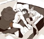 2boys archer_(fate) bed blanket briefs commentary_request cu_chulainn_(fate) cu_chulainn_(lancer)_(fate) dark-skinned_male dark_skin drooling fate/stay_night fate_(series) greyscale long_hair male_focus male_underwear messy_sleeper monochrome mouth_drool multiple_boys official_alternate_hairstyle open_mouth pillow sepia shibanui sleeping spooning topless_male underwear underwear_only yaoi 