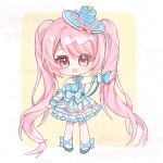  1girl absurdly_long_hair ankle_bow ankle_ribbon arm_ribbon bare_shoulders blue_bow blue_choker blue_dress blue_hat blue_ribbon blue_shoes blue_wrist_cuffs blush_stickers border bow brown_eyes checkered_bow checkered_clothes chibi chinese_commentary choker commentary_request dance_till_dawn_(infinity_nikki) dress eyelashes eyes_visible_through_hair frilled_dress frilled_headwear frilled_wrist_cuffs frills hat hat_bow highres infinity_nikki jiwang68127 leg_ribbon lolita_fashion long_hair medium_dress mini_hat mini_top_hat neck_ribbon nikki_(series) official_alternate_color open_mouth outside_border outstretched_arm pink_bow pink_hair ribbon sample_watermark shoes smile solo standing strapless strapless_dress striped_clothes striped_dress tareme too_many_watermarks top_hat twintails two-tone_bow two-tone_dress two-tone_wrist_cuffs very_long_hair waist_bow watermark watermark_grid wavy_hair white_border white_dress white_wrist_cuffs wrist_cuffs yellow_background yellow_bow 