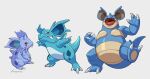  arms_up claws commentary english_commentary evolutionary_line fangs full_body highres horns looking_to_the_side lukapiles nidoqueen nidoran nidoran_(female) nidorina open_mouth outstretched_arms pokemon pokemon_(creature) pokemon_focus red_eyes sharp_teeth sideways_glance simple_background single_horn standing standing_on_one_leg teeth tongue white_background 