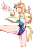  1girl absurdres animal_ears blonde_hair blue_eyes breasts casual_one-piece_swimsuit cleavage commentary_request cowboy_shot eyewear_on_head feet_out_of_frame gold_city_(umamusume) groin groin_tendon highres horse_ears horse_girl horse_tail horseshoe jacket jewelry long_hair necklace one-piece_swimsuit open_clothes open_jacket outstretched_arms pink-tinted_eyewear short_sleeves simple_background solo sou920fuku standing standing_on_one_leg strapless sunglasses swimsuit tail thighs tinted_eyewear umamusume v-shaped_eyebrows white_background yellow_jacket 