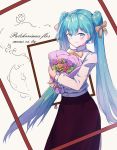  1girl absurdres alternate_costume black_skirt blue_eyes blue_hair bouquet bow bowtie brown_bow brown_neckwear flower hair_bow hatsune_miku highres holding holding_bouquet latin_text light_blush long_hair long_skirt looking_at_viewer parted_lips rzx0 skirt solo twintails very_long_hair vocaloid 