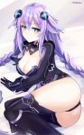  1girl absurdres ass bimmy blue_eyes braid breasts cleavage hair_between_eyes headgear highres large_breasts leotard long_hair looking_at_viewer medium_breasts neptune_(series) power_symbol purple_hair purple_heart solo symbol-shaped_pupils thighhighs twin_braids twintails very_long_hair 