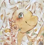  blush closed_mouth commentary_request dragonite drinking_straw falling_petals flower food fruit head_wings highres horns leaf mega_dragonite mega_pokemon no_humans orange_(fruit) petals pitcher_(container) plant pokemon pokemon_(creature) pokemon_focus rai_(rai_kw) single_horn smile sunflower upper_body wings yellow_flower 