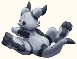 3_toes absurd_res anthro black_and_white digimon digimon_(species) featureless_face hi_res horn male mitten_hands monochrome nose_horn nylon paws seam_(sewing) simple_background sitting soft_shading soles solo stocking_critter stormdragonblue thick_tail toes veemon wrinkles zentai 