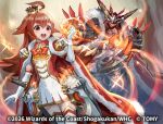  1girl 2026 ahoge bow bowtie brown_eyes brown_hair cape claws commentary_request copyright_notice crown dragon dragon_claw dragon_horns dress duel_masters duel_masters_play's elbow_gloves fire fur-trimmed_cape fur_trim gloves gold_trim horns huge_ahoge kokko_rupiko long_hair multicolored_dress official_art open_mouth red_bow red_bowtie red_cape red_dress sheath sheathed teeth thighhighs upper_teeth_only white_dress white_thighhighs yuukoo 