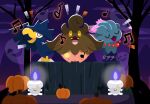  bare_tree beads beak bird candle candle_wax closed_eyes commentary crow fangs fire floating ghost ghost_type_theme_(pokemon) highres iltuki litwick looking_at_viewer misdreavus murkrow musical_note night no_humans open_mouth pokemon pokemon_(creature) pokemon_focus pumpkaboo pumpkin purple_fire red_eyes singing standing talons tree untranslatable_commentary yellow_eyes 