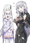  2girls :d bare_shoulders black_dress braid breasts brown_eyes cleavage closed_mouth commentary_request cosplay costume_switch crown_braid danroneko detached_collar detached_sleeves dress echidna_(re:zero) echidna_(re:zero)_(cosplay) elf emilia_(re:zero) emilia_(re:zero)_(cosplay) hair_between_eyes heart highres long_hair medium_breasts multiple_girls open_mouth pointy_ears purple_eyes re:zero_kara_hajimeru_isekai_seikatsu simple_background smile thighhighs very_long_hair white_background white_dress white_hair white_thighhighs zettai_ryouiki 